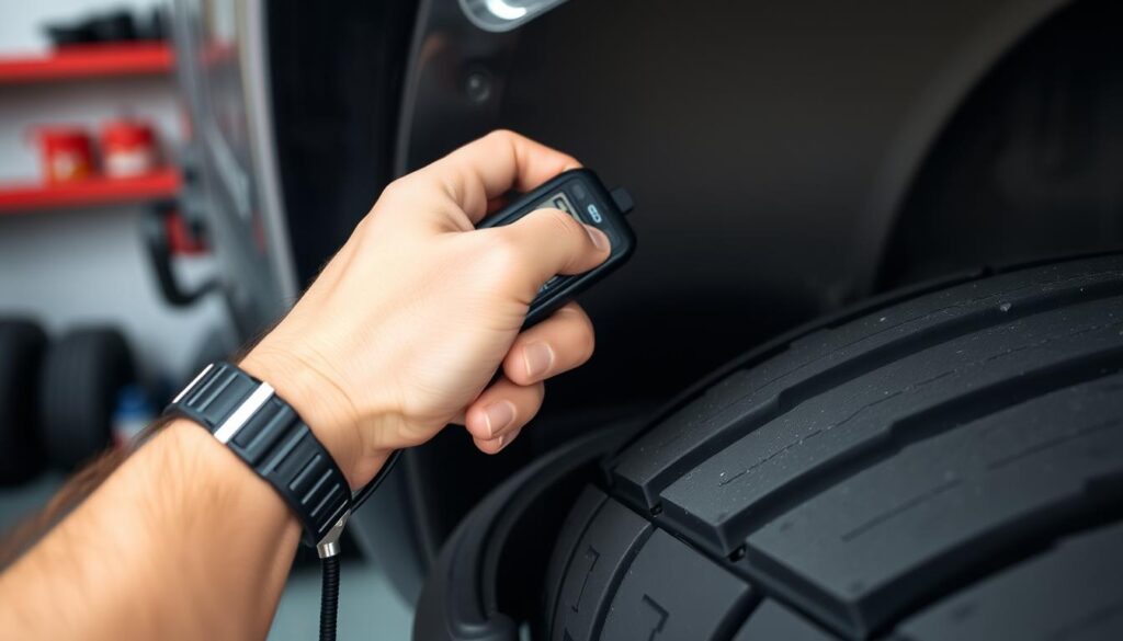 A detailed, well-lit close-up of a person's hand using a digital tire pressure gauge to check the air pressure in a vehicle's tire. The tire is positioned in the middle ground, with the gauge and hand occupying the foreground. The background is a clean, uncluttered workshop or garage setting, with subtle reflections and shadows enhancing the depth and realism. The image conveys a sense of careful, methodical inspection, with the focus on the precision and importance of maintaining proper tire inflation for optimal performance and safety. A detailed, well-lit close-up of a person's hand using a digital tire pressure gauge to check the air pressure in a vehicle's tire. The tire is positioned in the middle ground, with the gauge and hand occupying the foreground. The background is a clean, uncluttered workshop or garage setting, with subtle reflections and shadows enhancing the depth and realism. The image conveys a sense of careful, methodical inspection, with the focus on the precision and importance of maintaining proper tire inflation for optimal performance and safety.