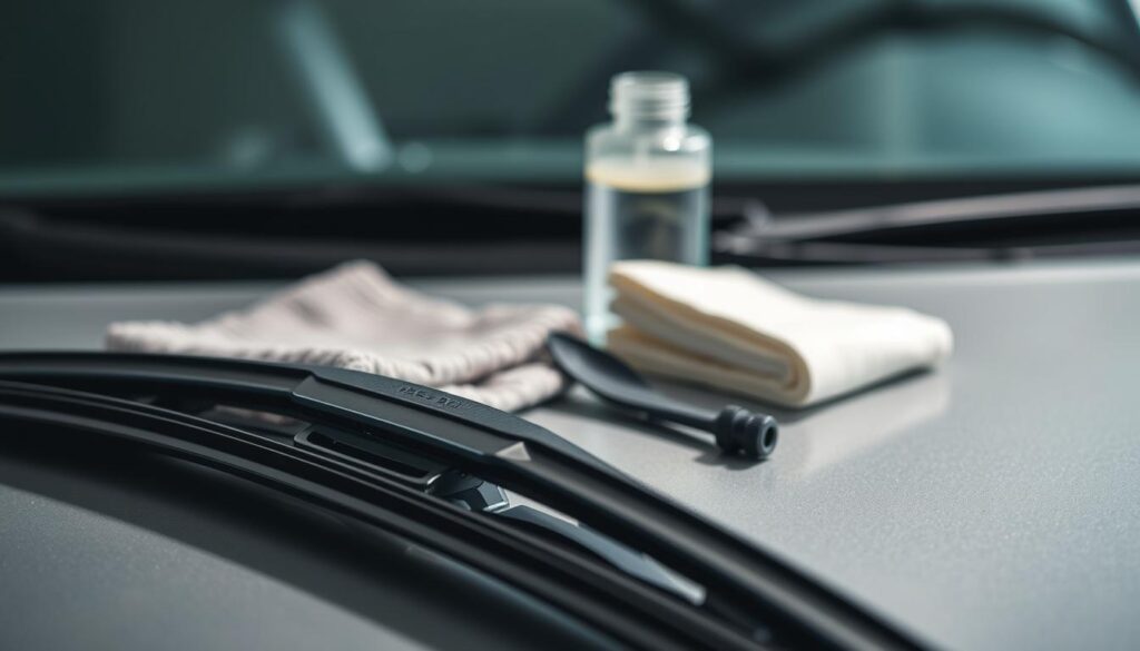 A well-lit close-up of a pair of car wiper blades undergoing maintenance. The blades are positioned in the foreground, showcasing their intricate construction and materials. The middle ground features various wiper blade tools, such as a cleaning cloth, a small screwdriver, and a replacement blade. The background is blurred, creating a sense of focus on the maintenance process. The lighting is soft and diffused, highlighting the texture and sheen of the wiper components. The overall mood is one of careful attention to detail, emphasizing the importance of proper wiper blade care for safe and clear visibility while driving. A well-lit close-up of a pair of car wiper blades undergoing maintenance. The blades are positioned in the foreground, showcasing their intricate construction and materials. The middle ground features various wiper blade tools, such as a cleaning cloth, a small screwdriver, and a replacement blade. The background is blurred, creating a sense of focus on the maintenance process. The lighting is soft and diffused, highlighting the texture and sheen of the wiper components. The overall mood is one of careful attention to detail, emphasizing the importance of proper wiper blade care for safe and clear visibility while driving.